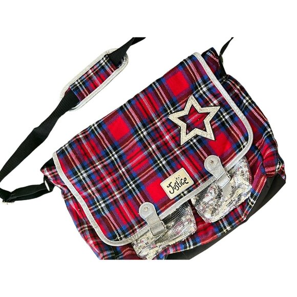 Justice plaid glitter Star laptop messenger bag NEW - Picture 3 of 11